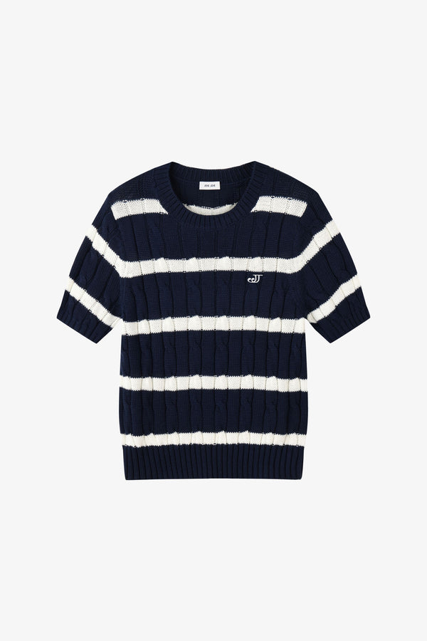 Cotton-blended short sleeve knit top (White stripe)